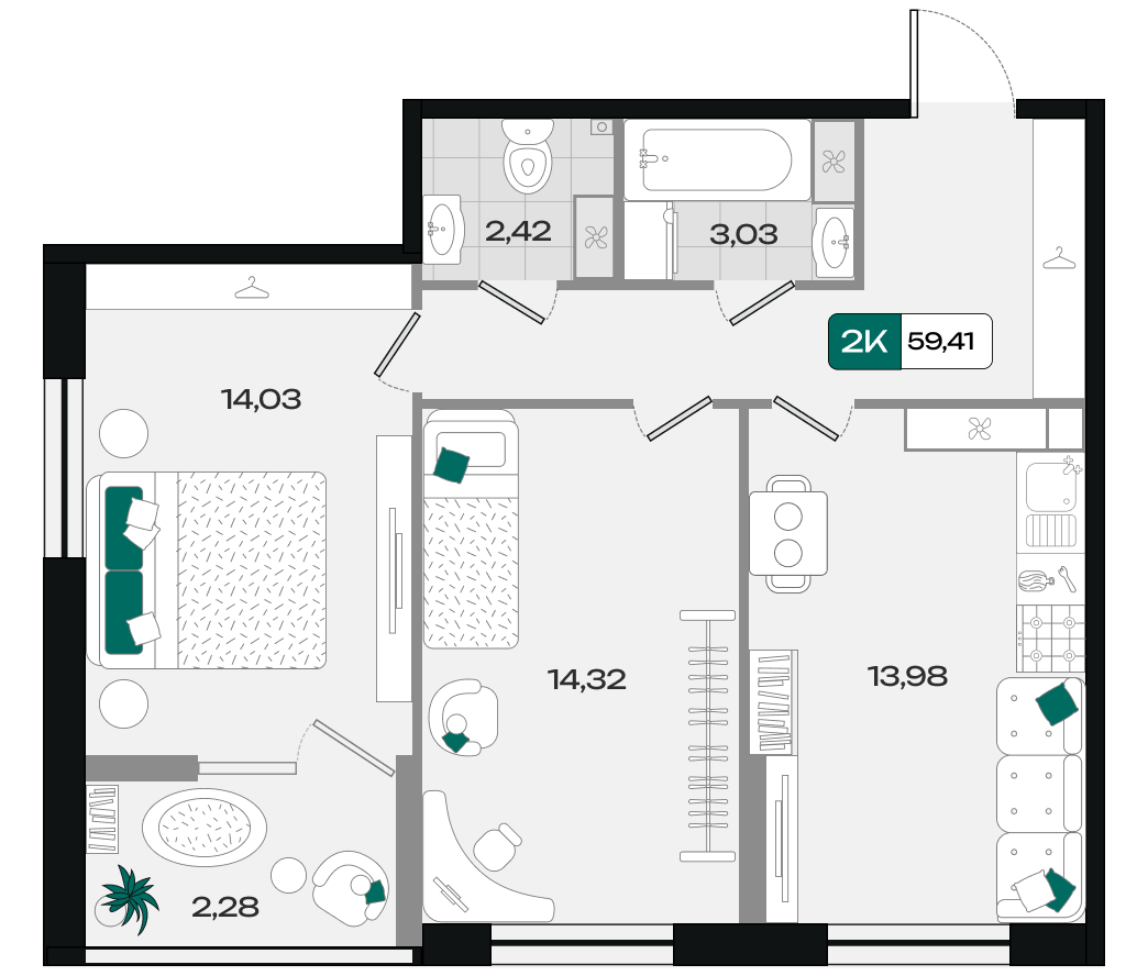 Планировка 2-комнатная 59,41 м²