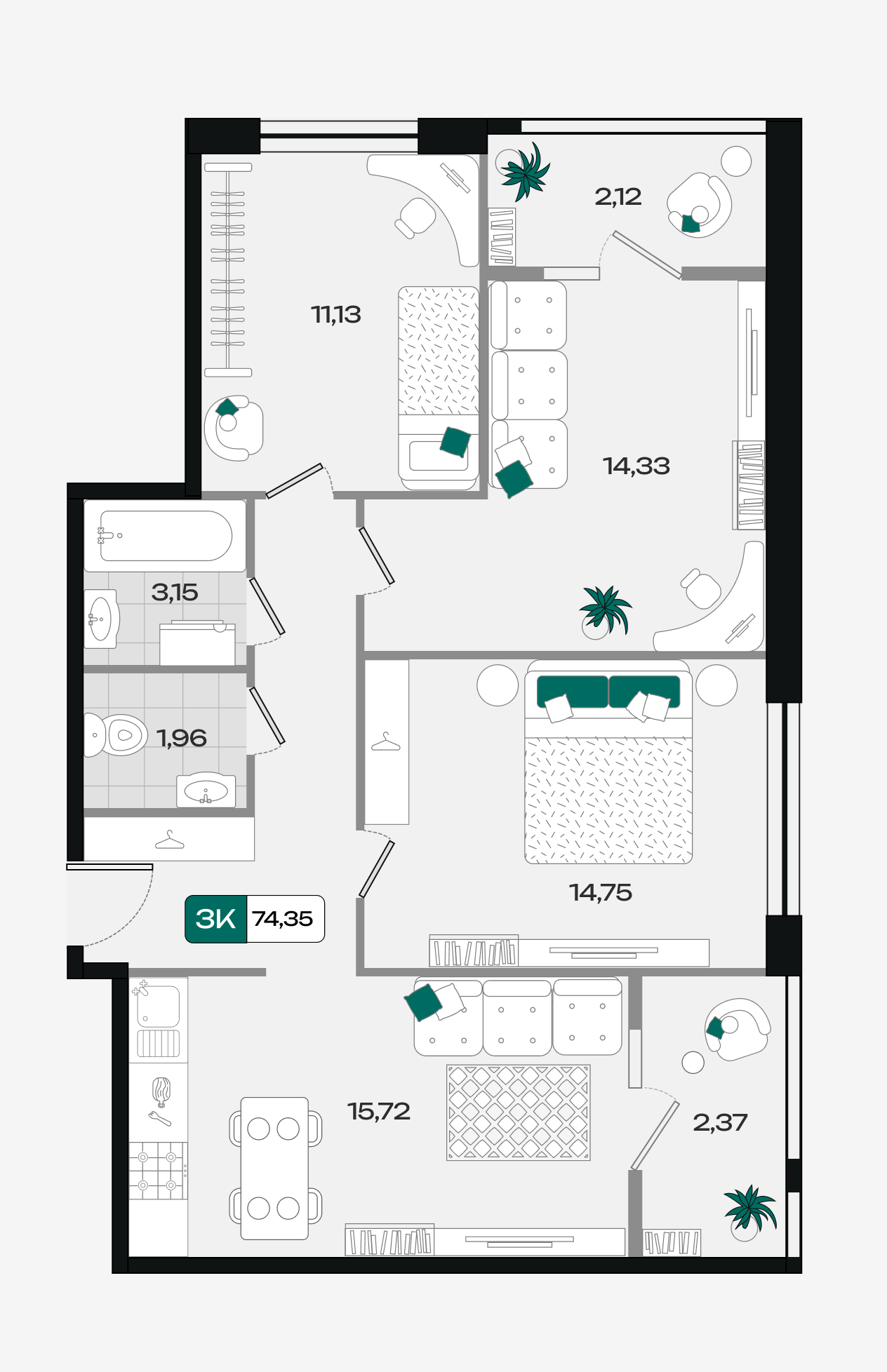 Планировка 3-комнатная 74,35 м²