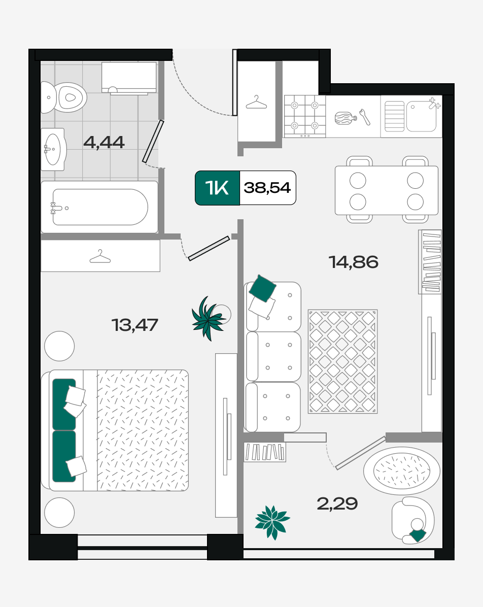 Планировка 1-комнатная 38,54 м²