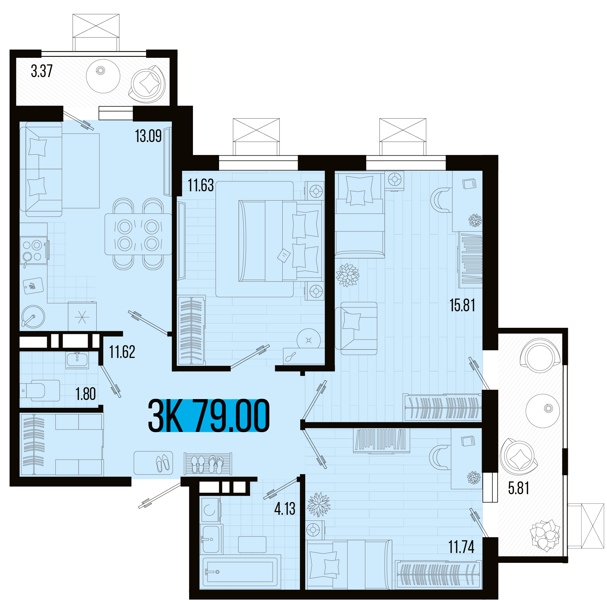 Планировка 3-комнатная 75,1 м²