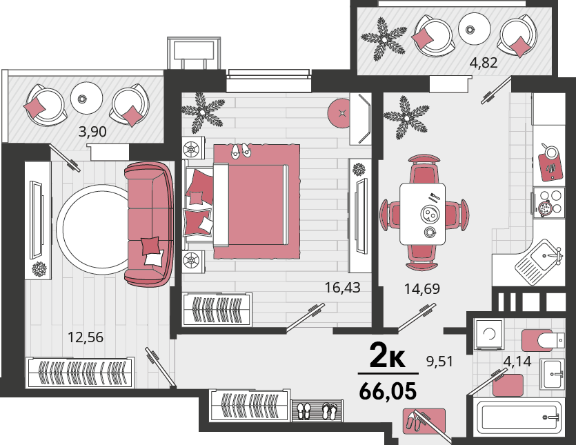 Планировка 2-комнатная 66,05 м²