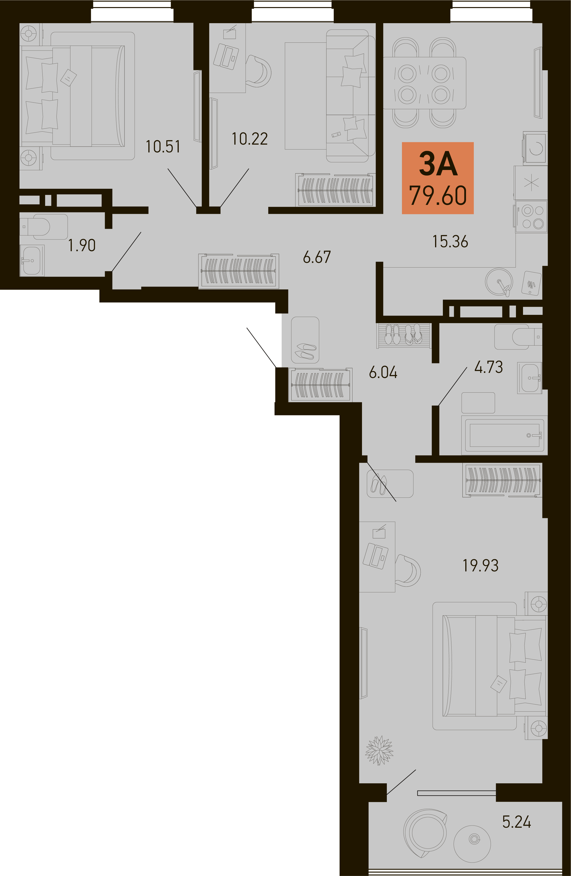 Планировка 3-комнатная 79,6 м²