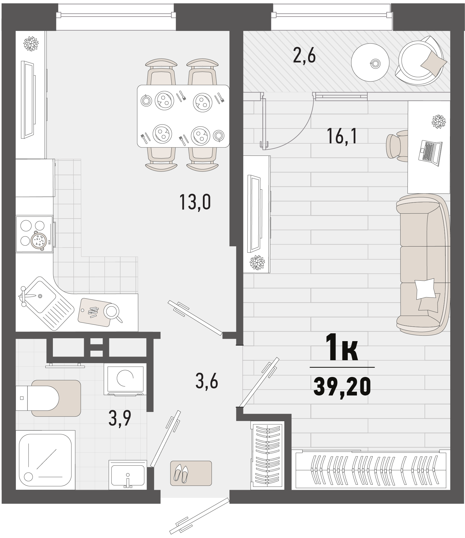 Планировка 1-комнатная 39,2 м²