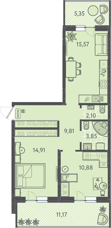 Планировка: 2-комн. квартира 61 м²
