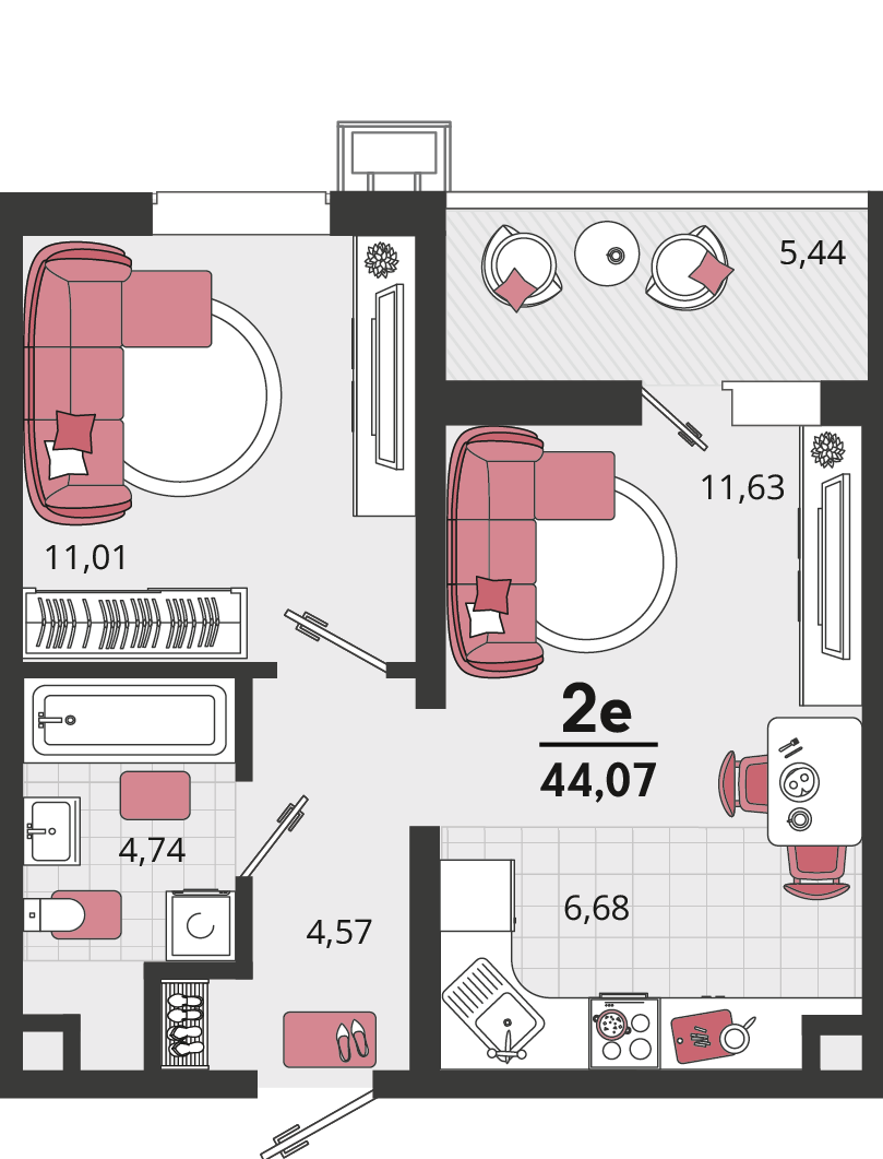 Планировка 2-комнатная 44,07 м²