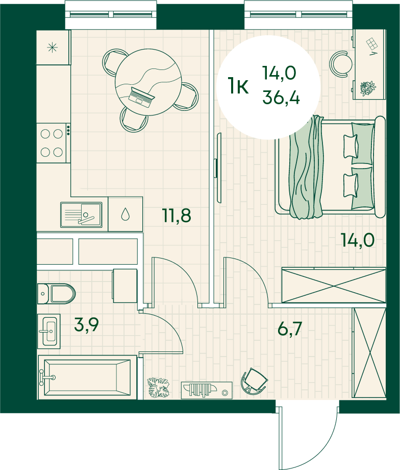 Планировка 1-комнатная 36,4 м²