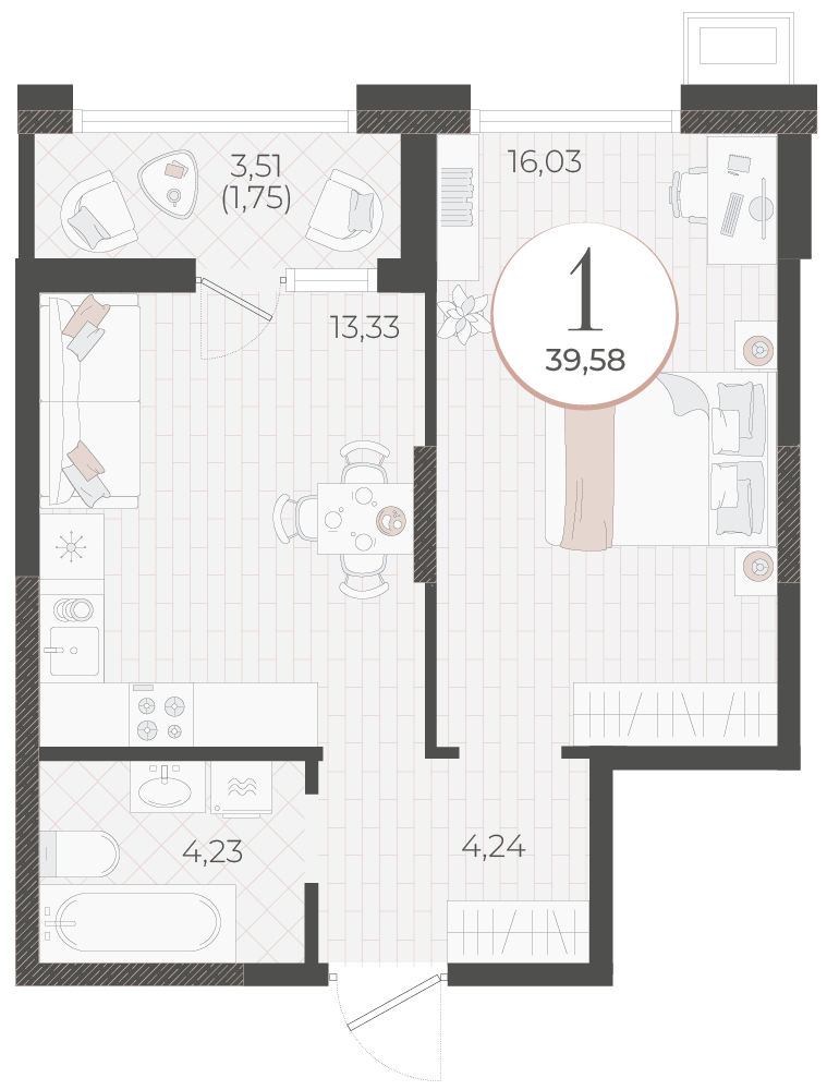 Планировка: 1-комн. квартира 39,6 м²