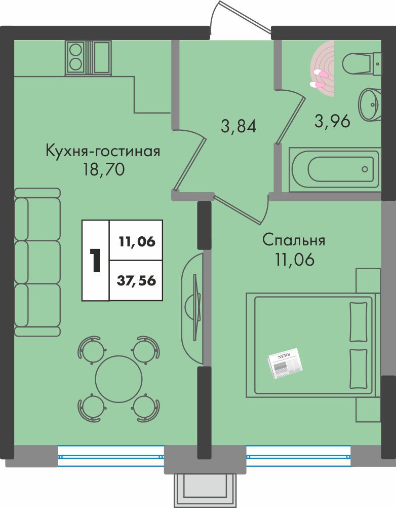 Планировка 1-комнатная 37,6 м²