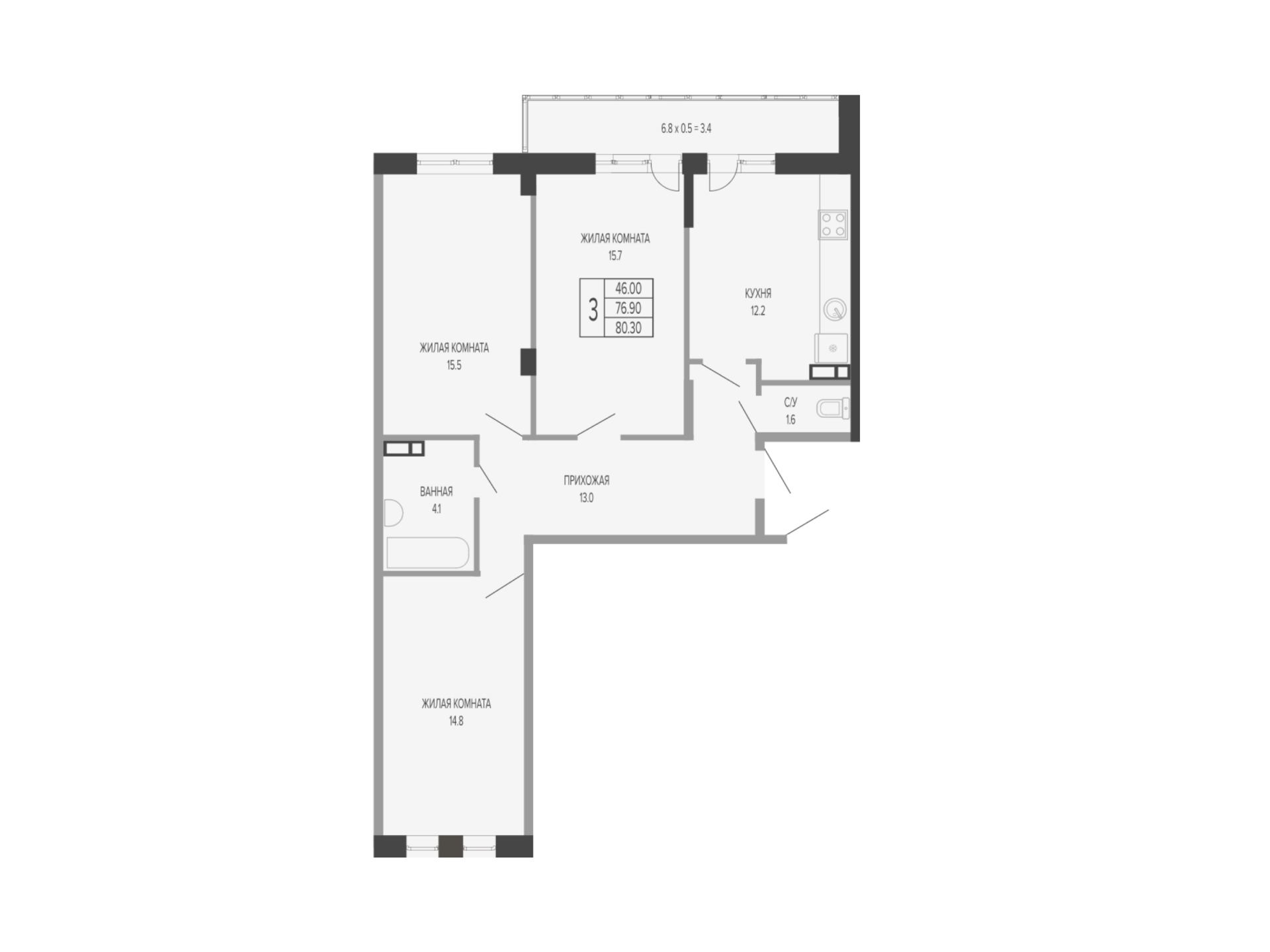 Планировка 3-комнатная 81,6 м²