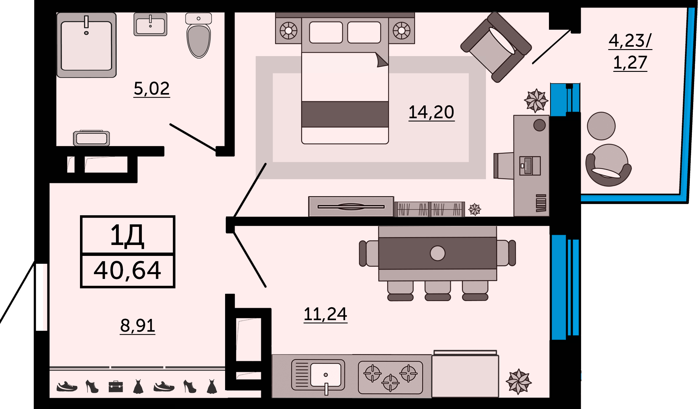 Планировка 1-комнатная 40,9 м²