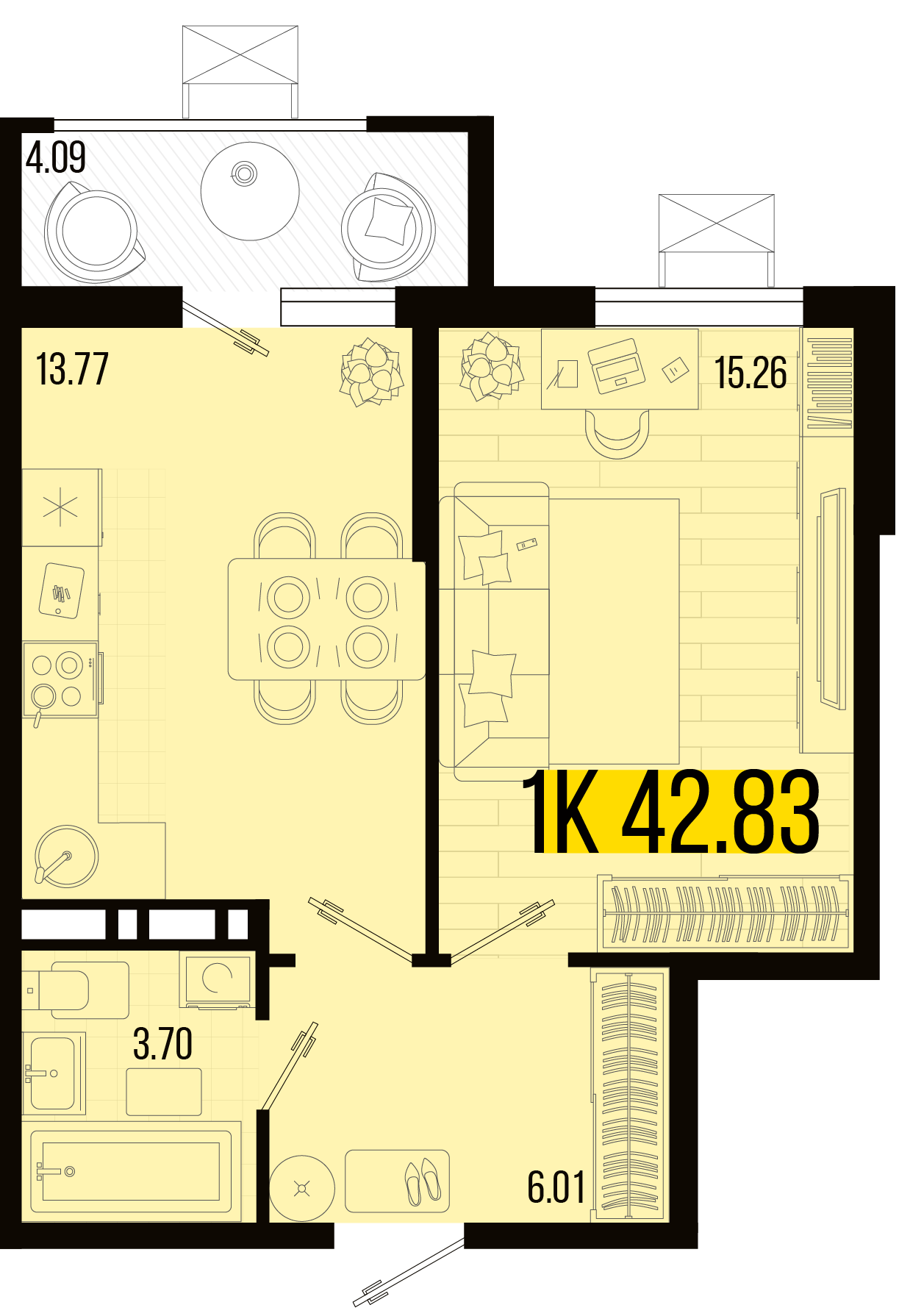 Планировка 1-комнатная 40,79 м²