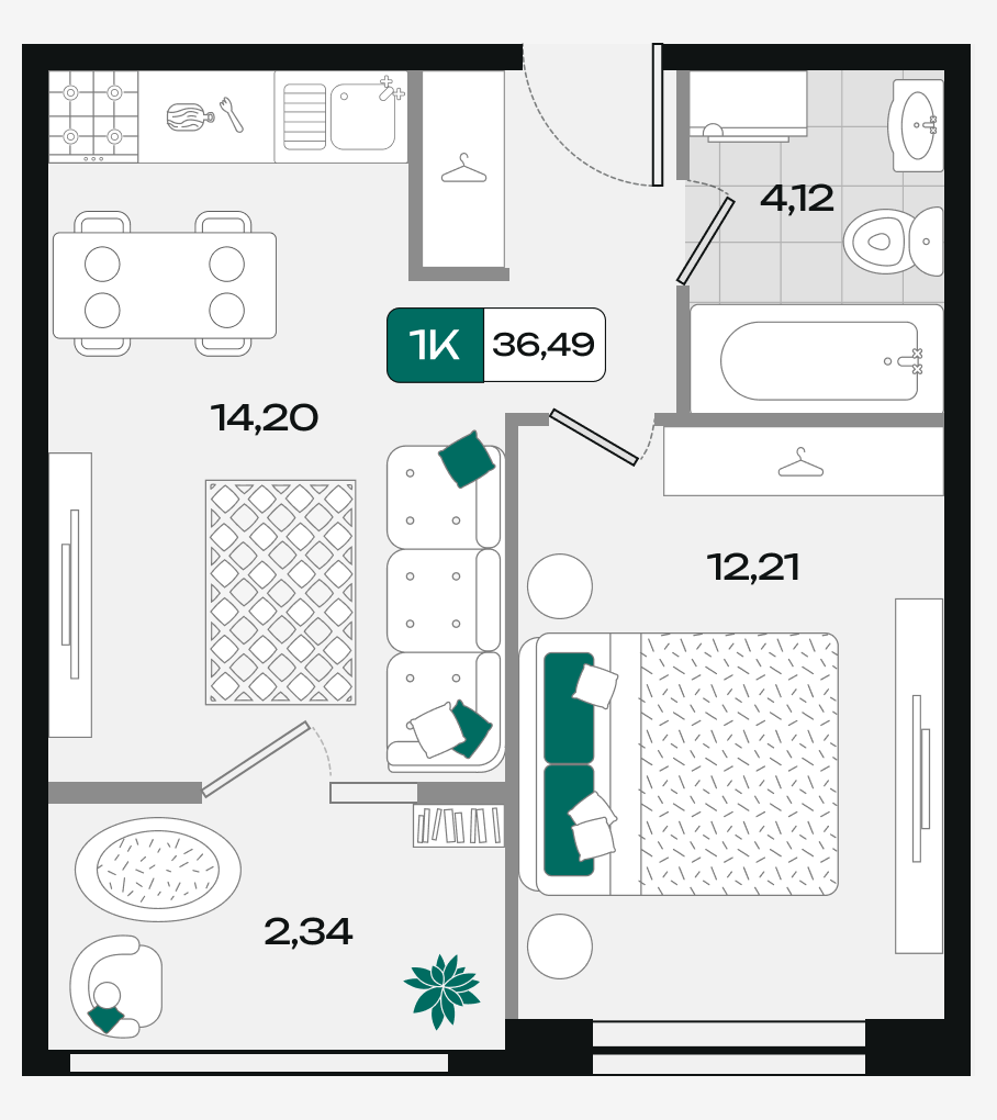 Планировка: 1-комн. квартира 36,5 м²