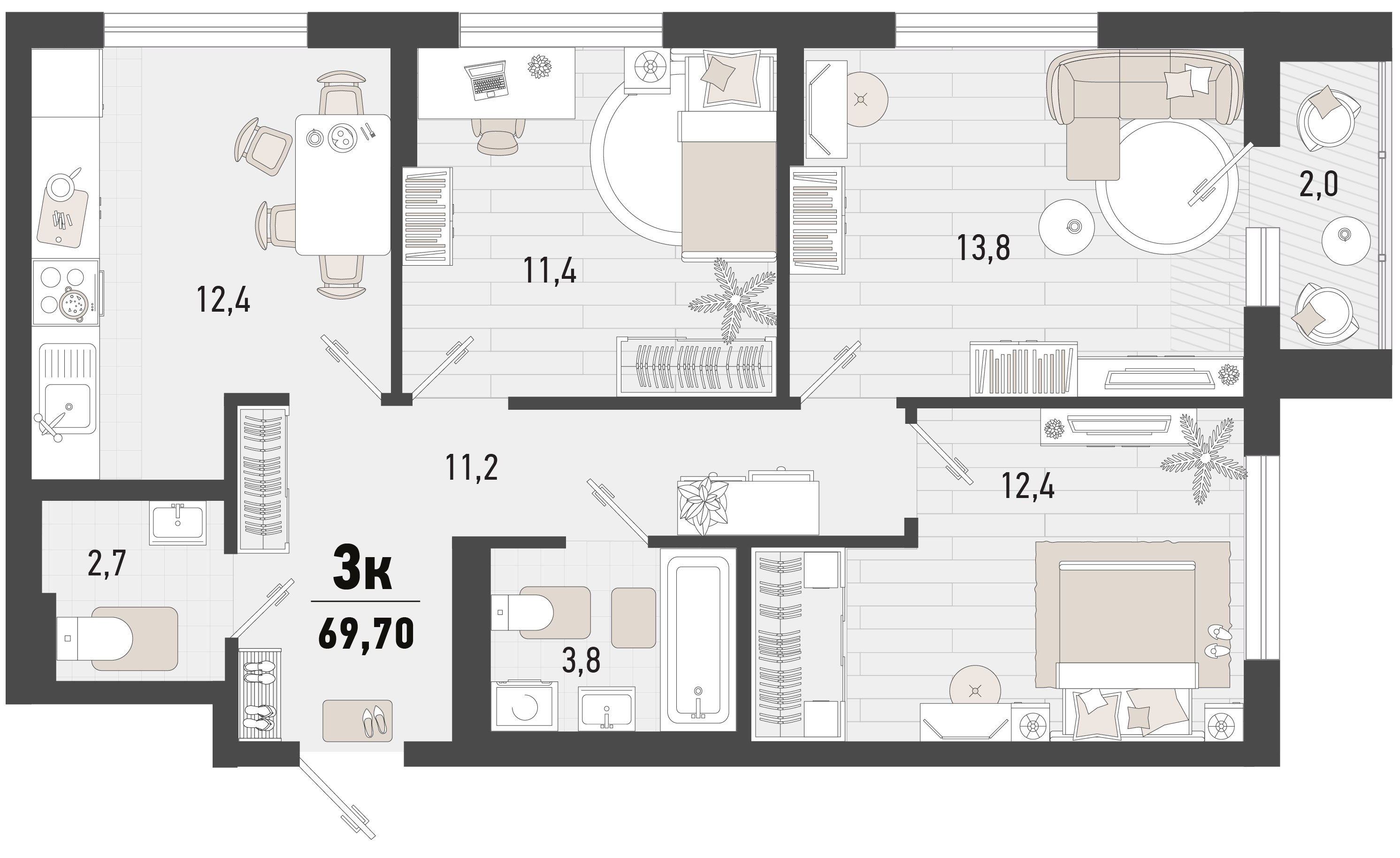 Планировка 3-комнатная 69,7 м²