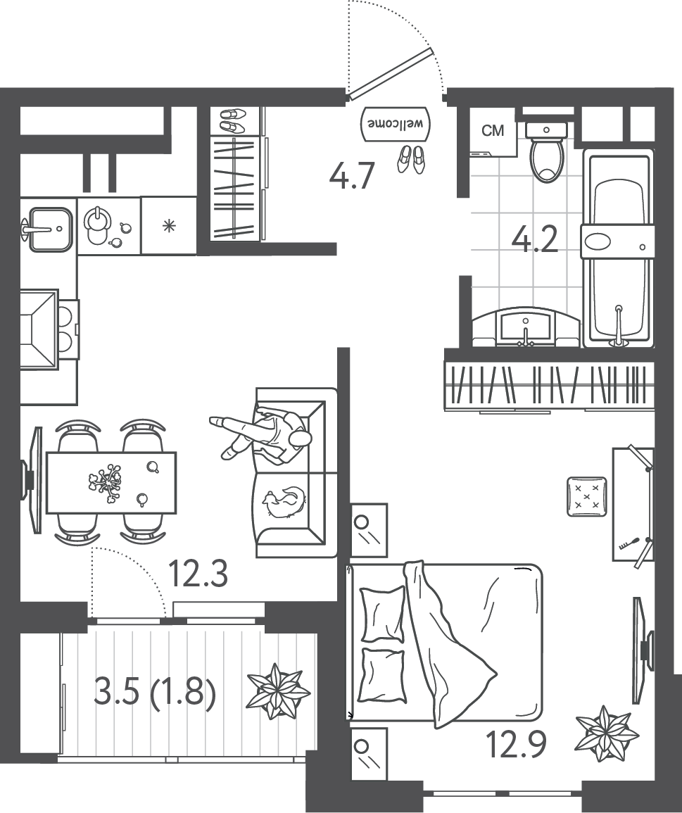 Планировка 1-комнатная 35,85 м²