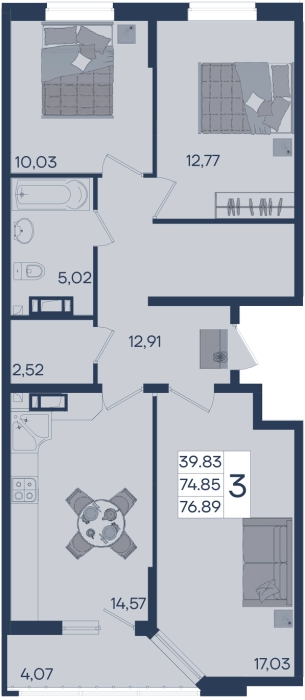 Планировка: 3-комн. квартира 76,9 м²