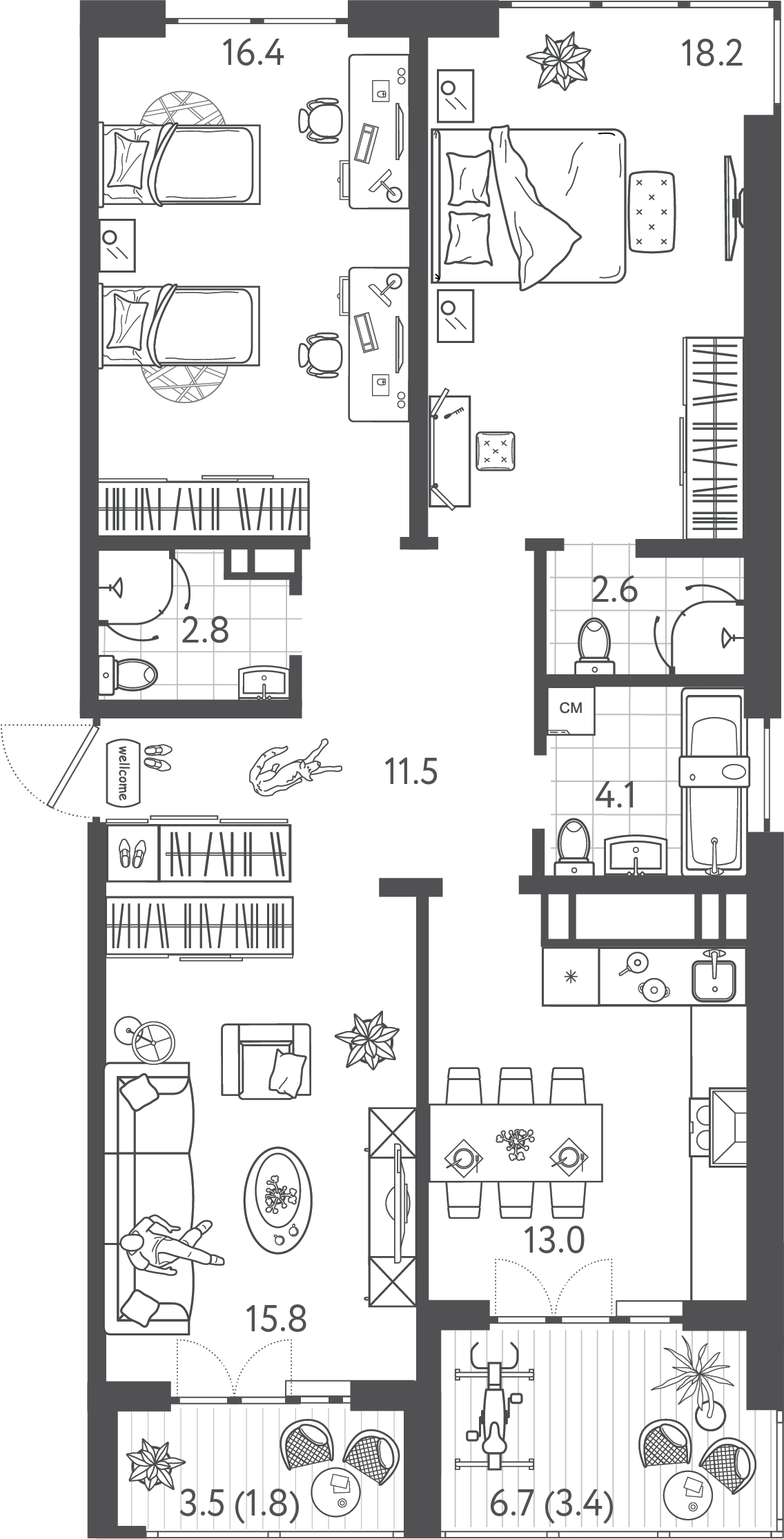 Планировка: 3-комн. квартира 89,6 м²