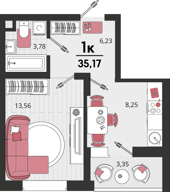 Планировка 1-комнатная 35,17 м²