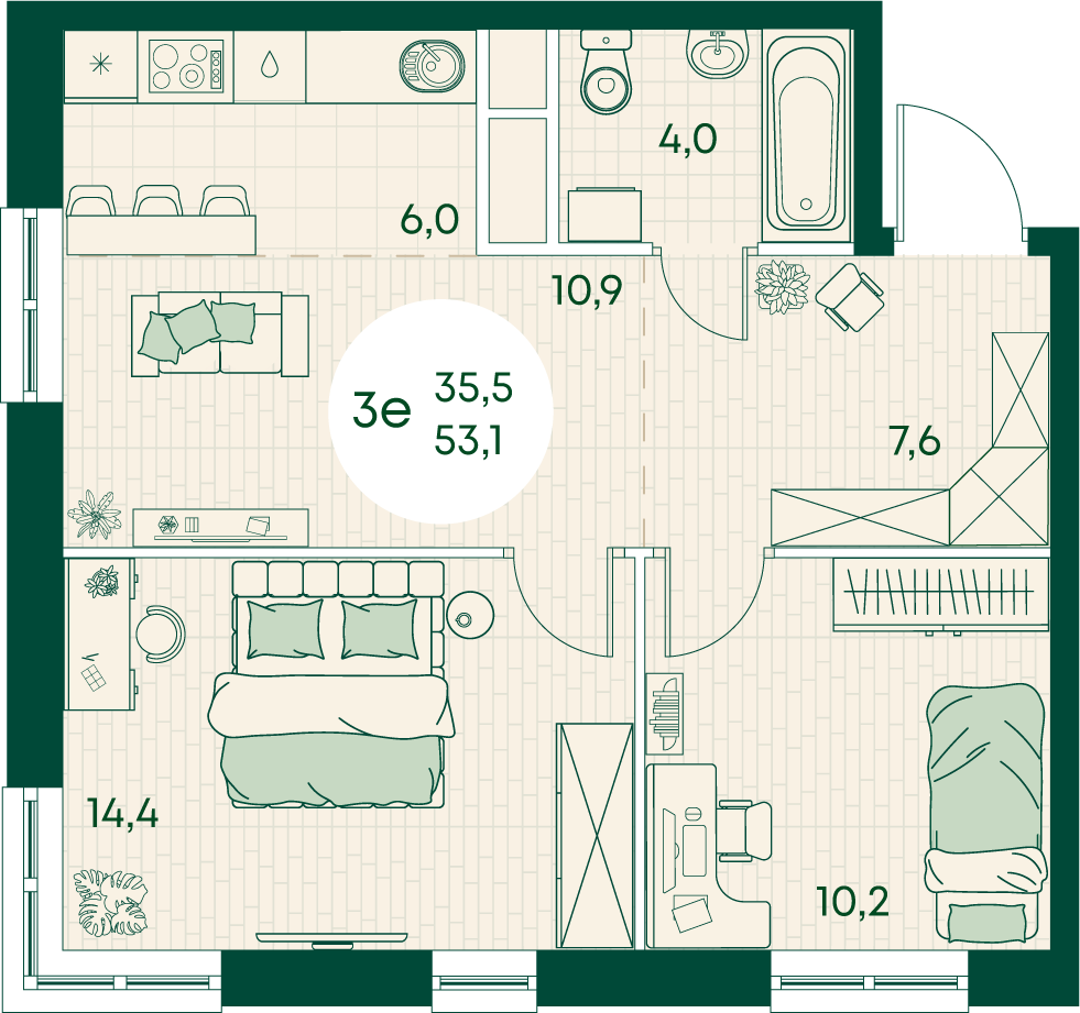 Планировка 3-комнатная 53,1 м²