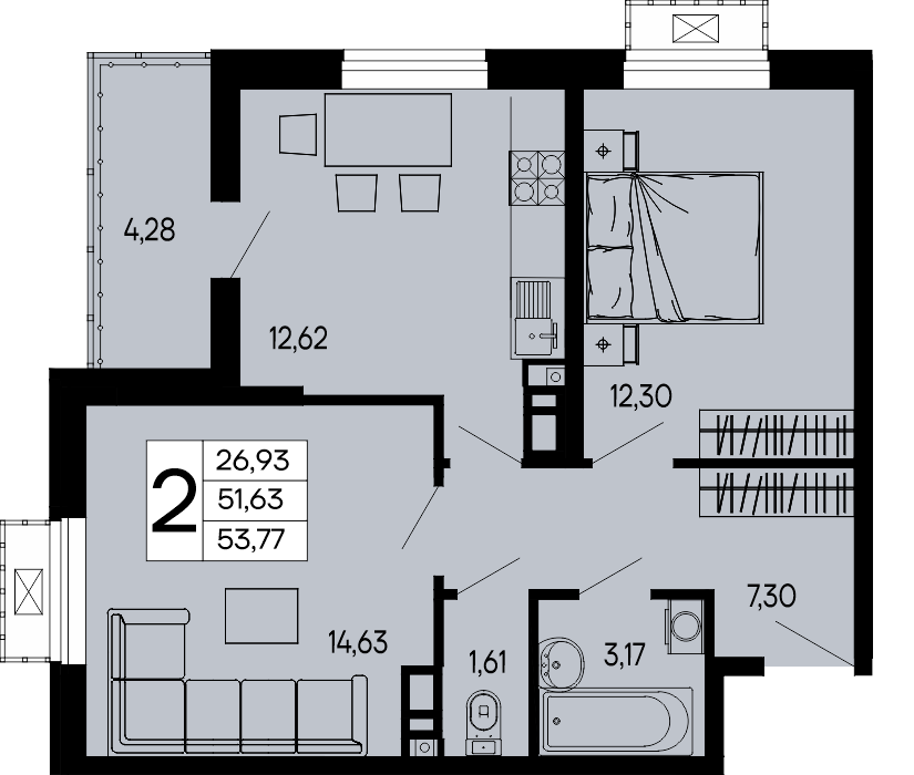Планировка: 2-комн. квартира 53,8 м²