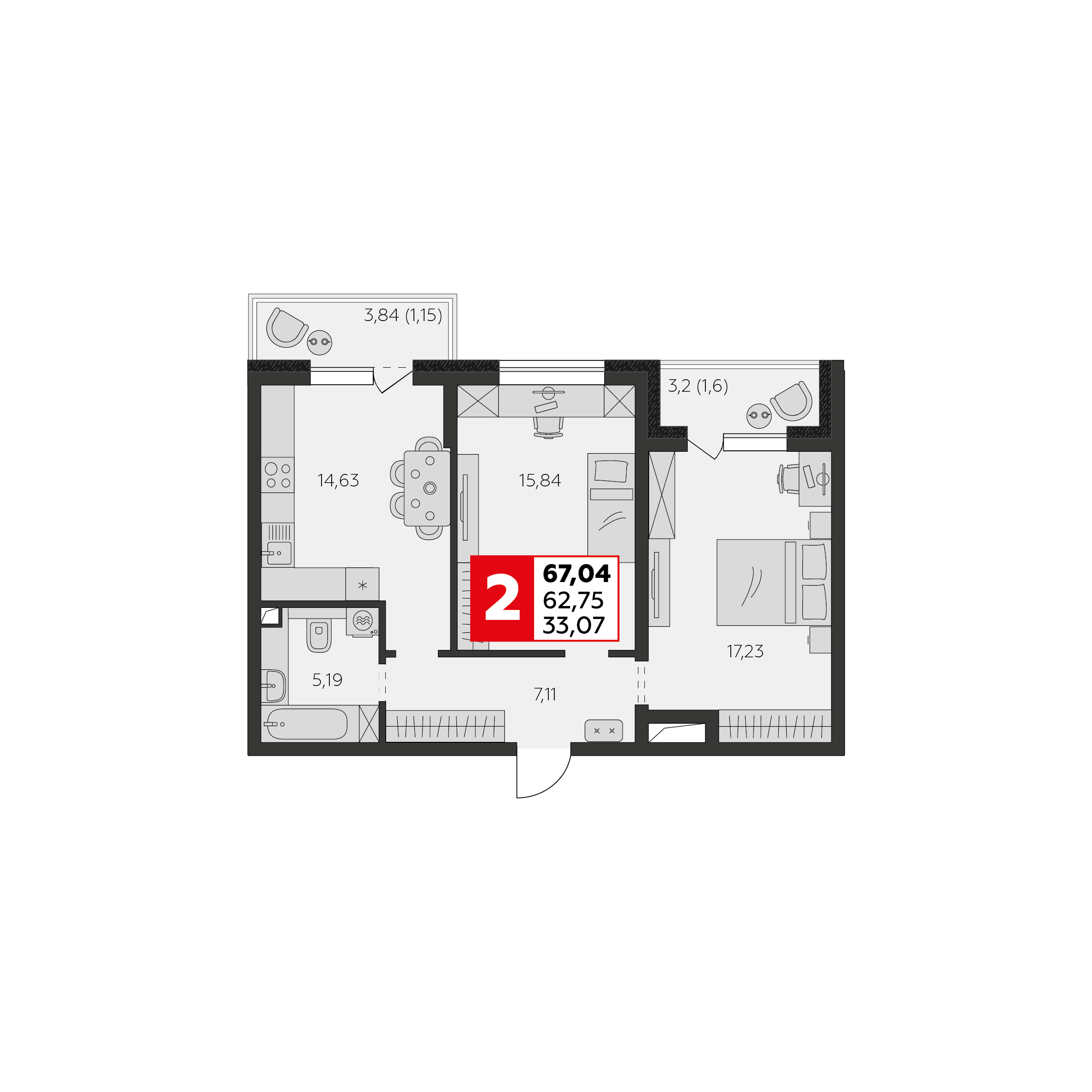 Планировка: 2-комн. квартира 62,8 м²