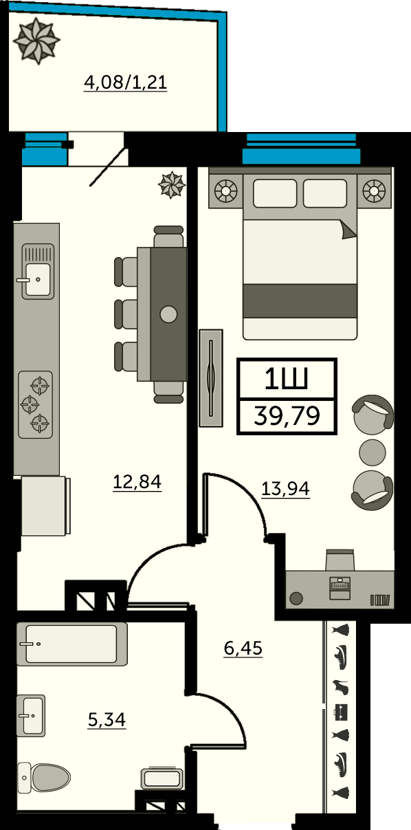 Планировка 1-комнатная 39,5 м²