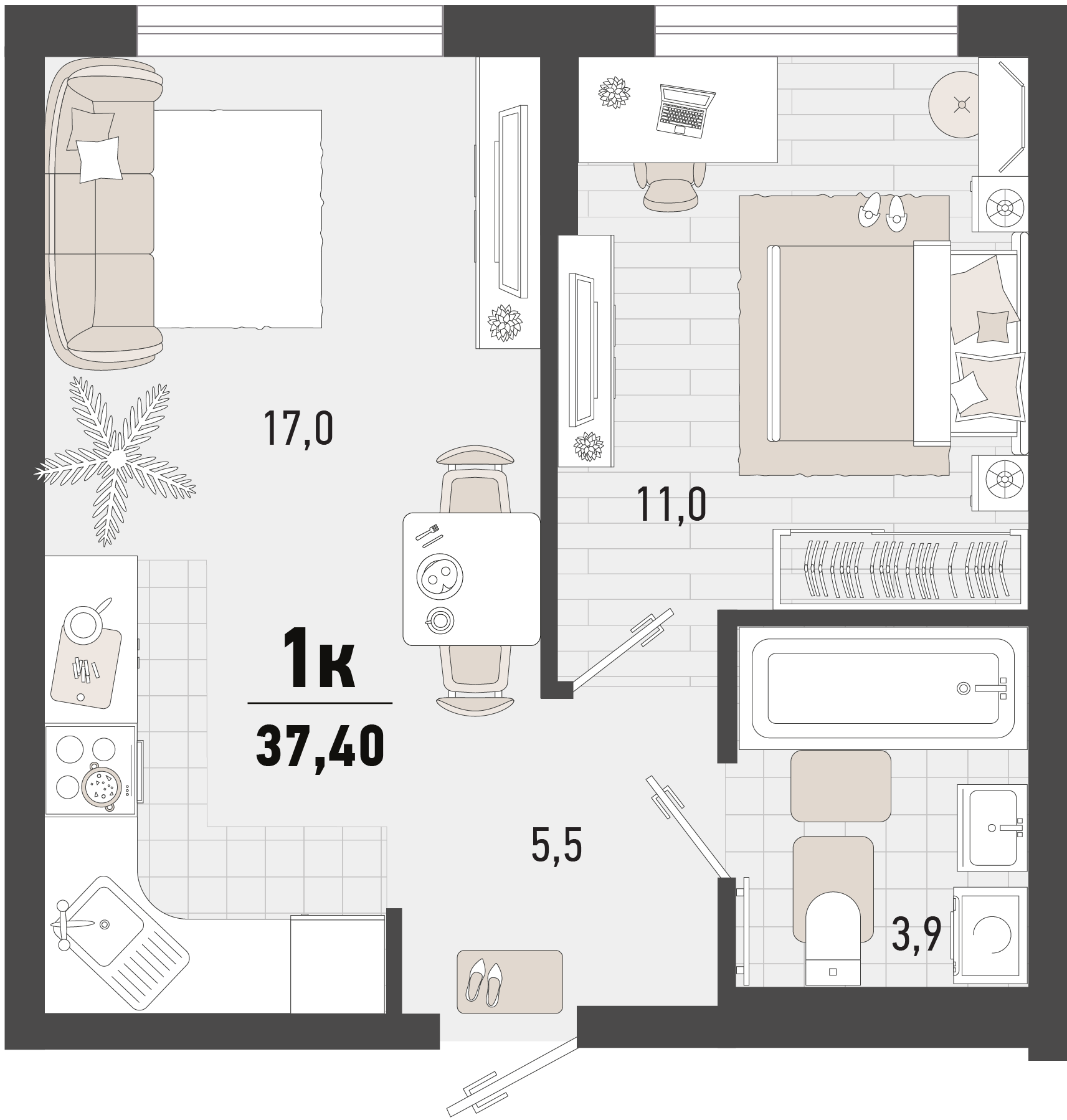 Планировка 1-комнатная 37,4 м²