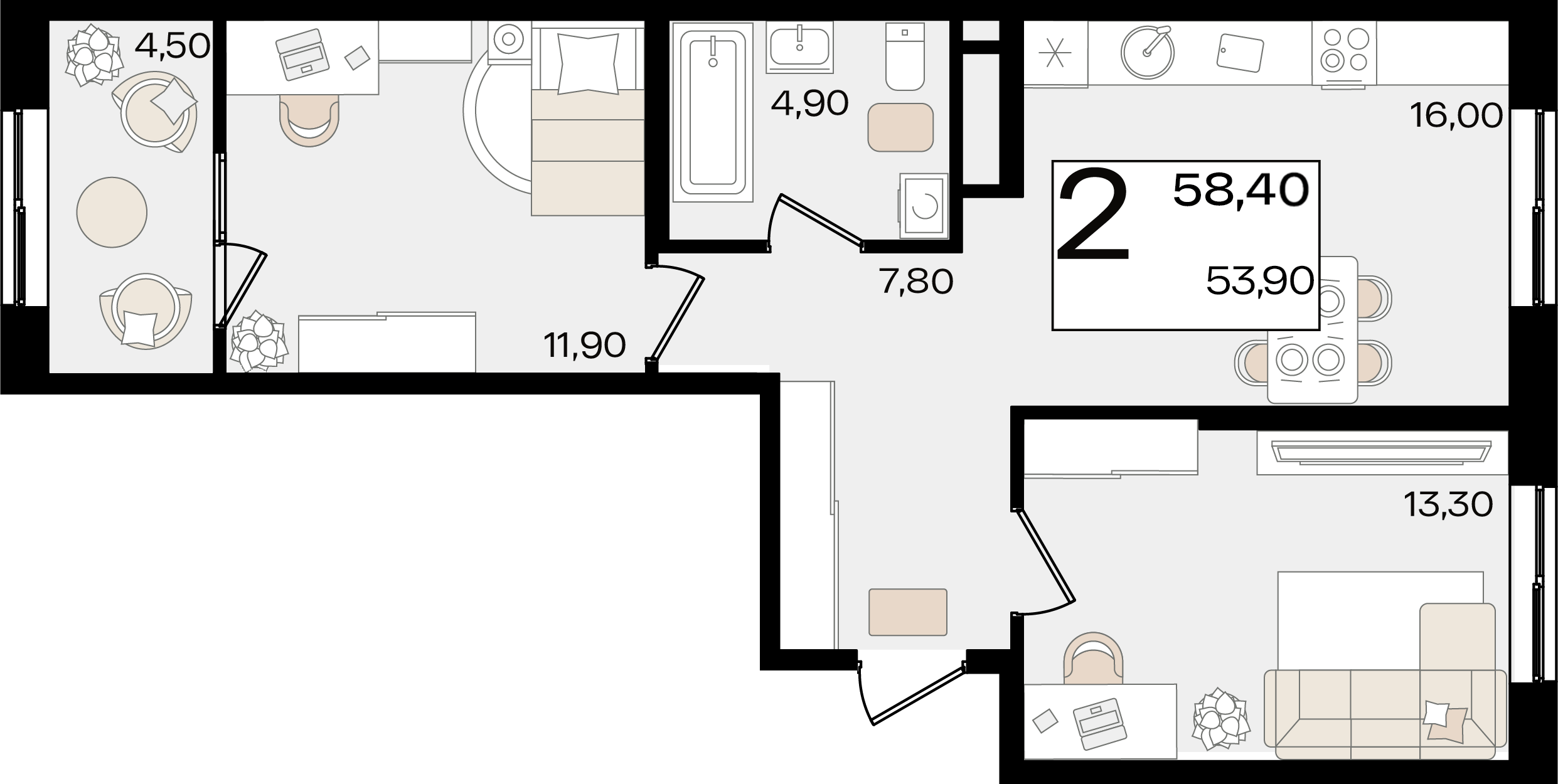 Планировка 2-комнатная 58,4 м²