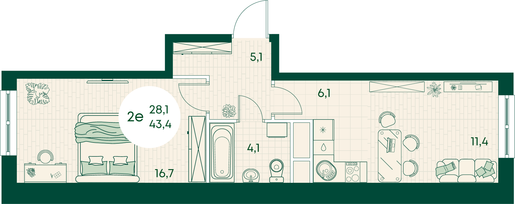 Планировка 2-комнатная 43,4 м²