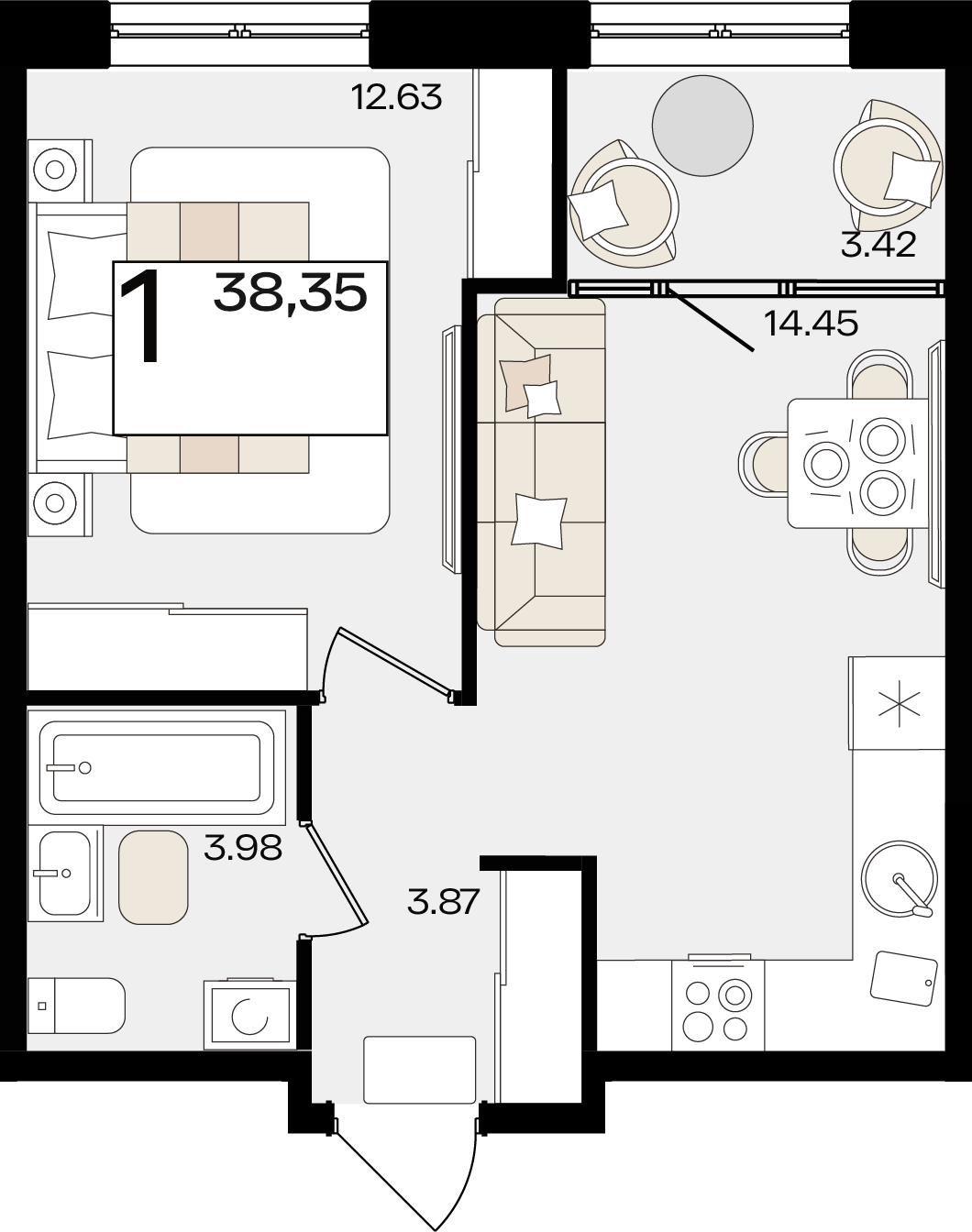 Планировка 1-комнатная 38,35 м²
