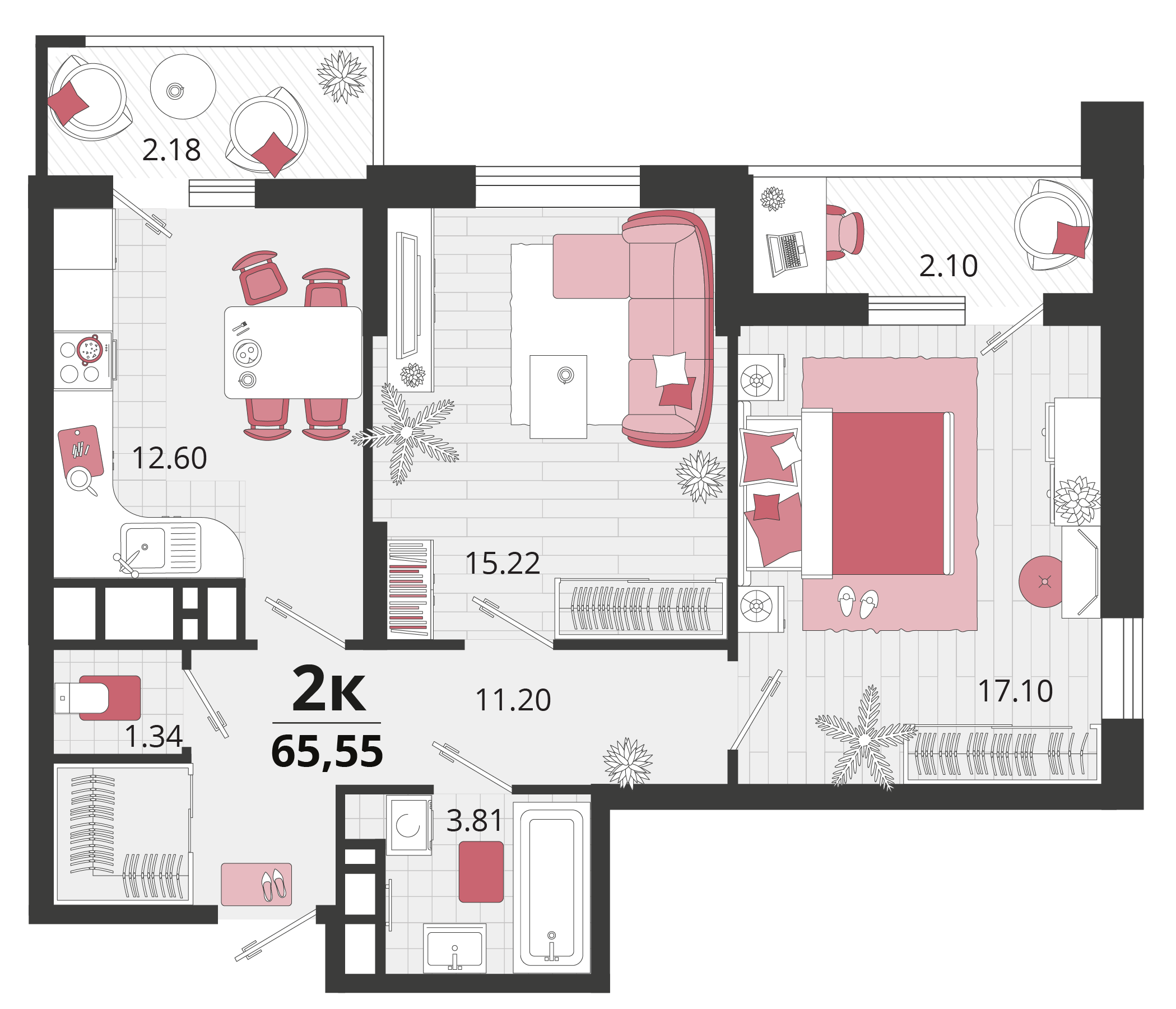 Планировка 2-комнатная 65,05 м²