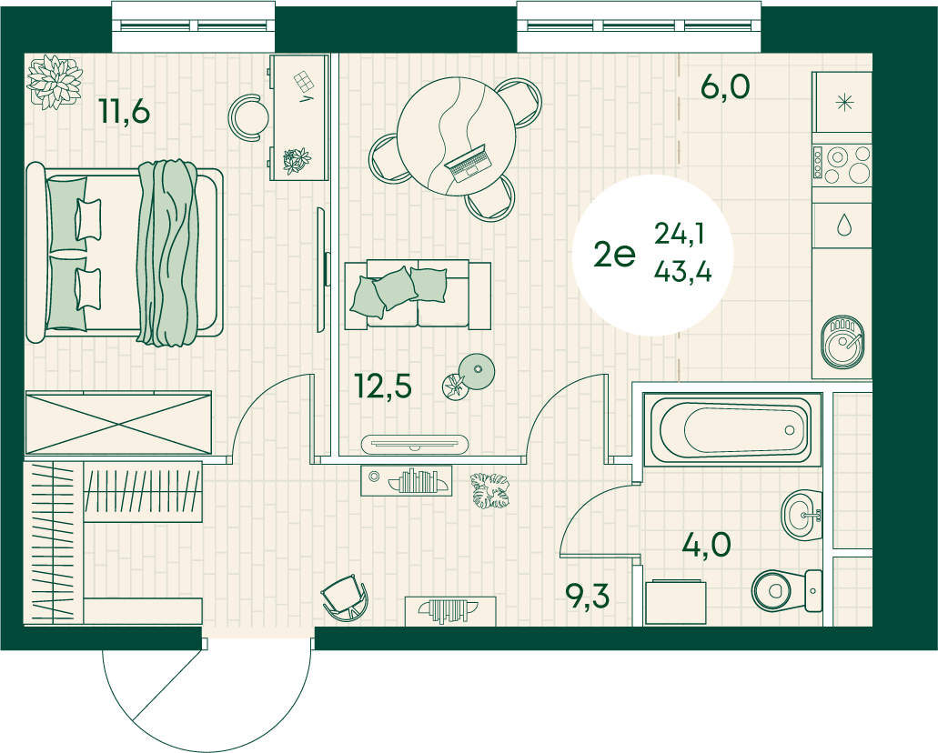 Планировка: 2-комн. квартира 43,4 м²