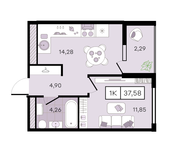 Планировка 1-комнатная 37,58 м²