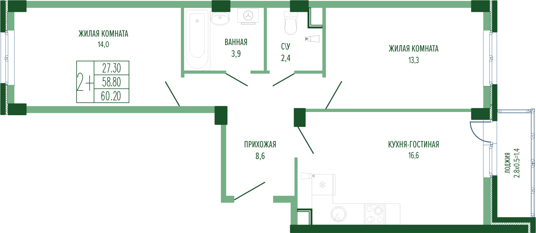 Планировка 2-комнатная 62 м²