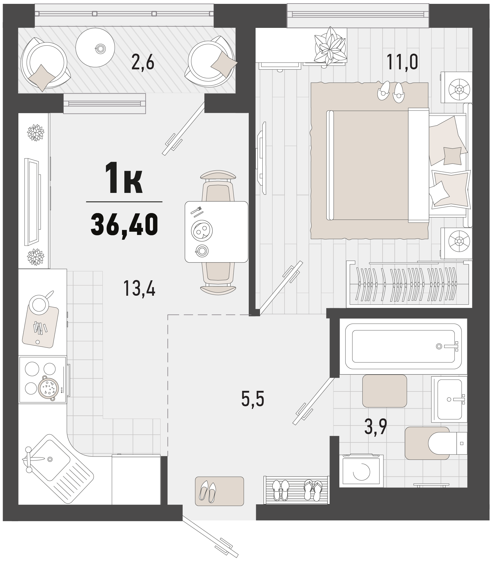 Планировка 1-комнатная 36,4 м²