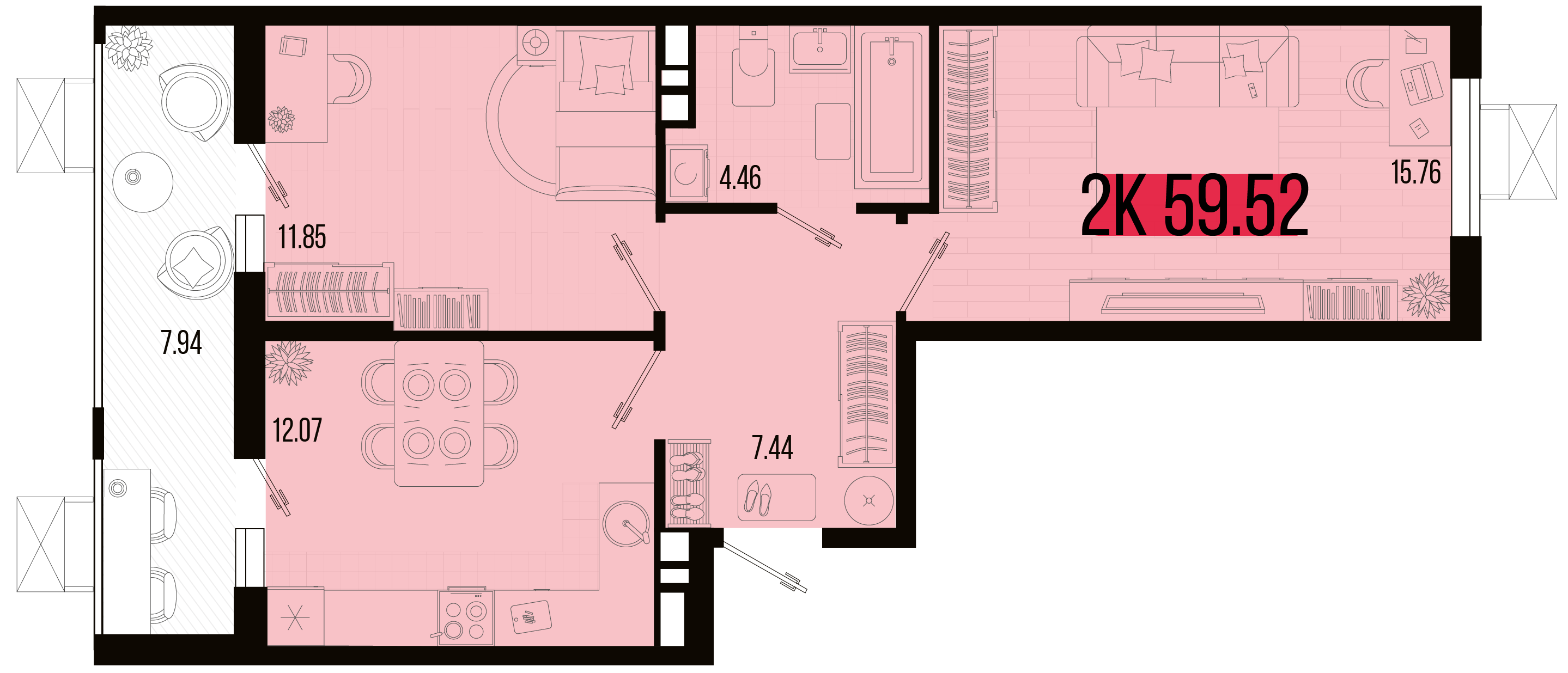 Планировка 2-комнатная 56,05 м²