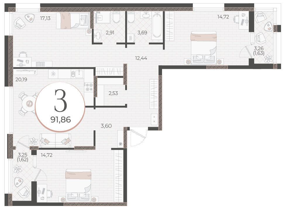 Планировка: 3-комн. квартира 91,9 м²