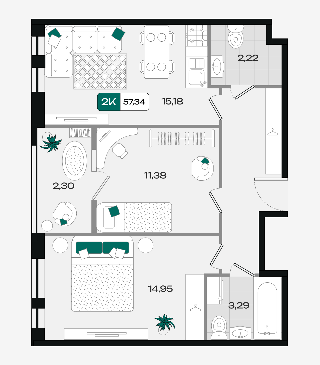Планировка: 2-комн. квартира 57,3 м²