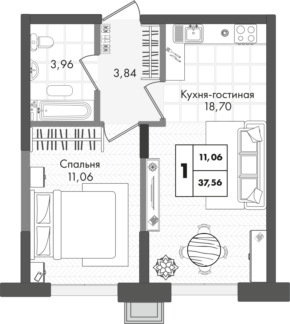 Планировка 1-комнатная 37,56 м²