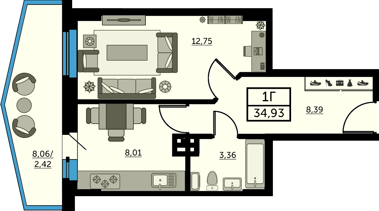 Планировка 1-комнатная 34,6 м²