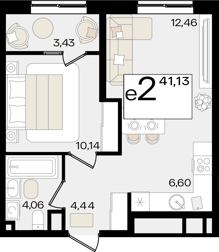 Планировка 2-комнатная 41,13 м²