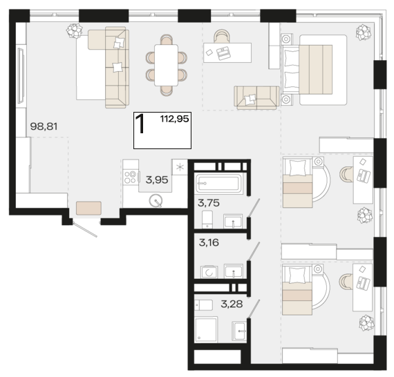 Планировка 1-комнатная 112,95 м²