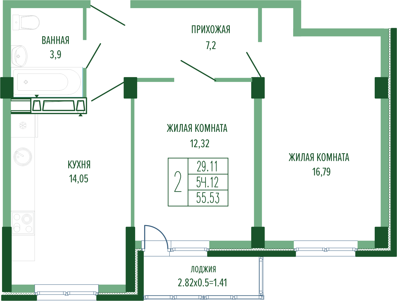 Планировка 2-комнатная 56,85 м²