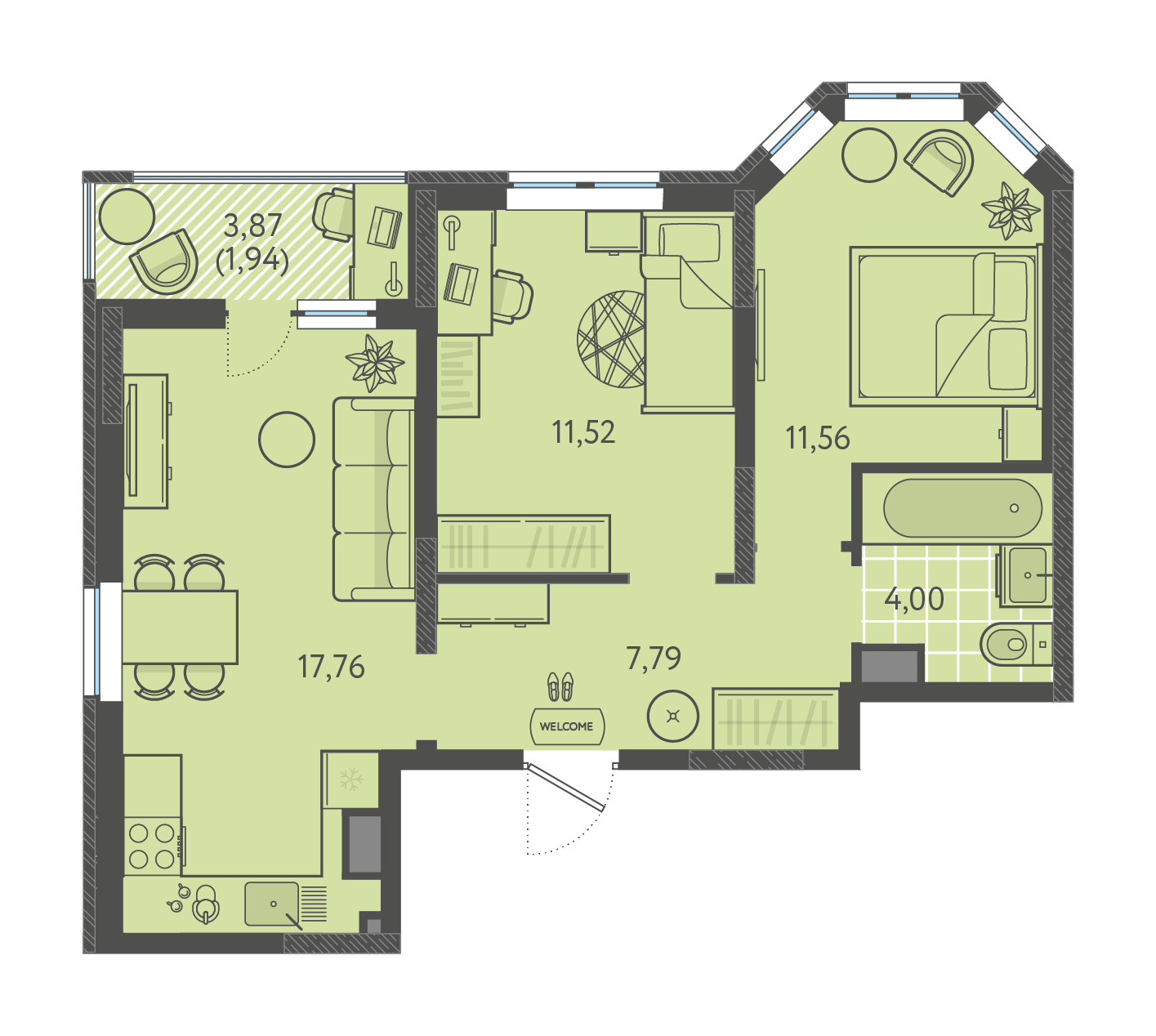 Планировка: 2-комн. квартира 54,6 м²