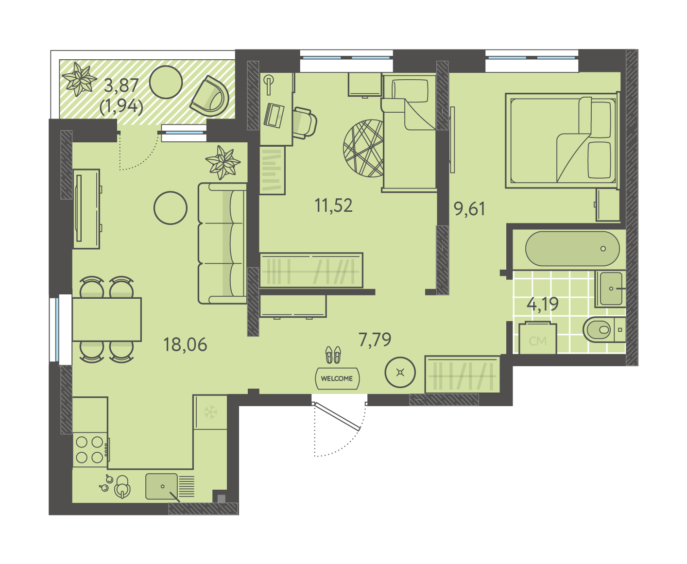 Планировка 2-комнатная 53,11 м²