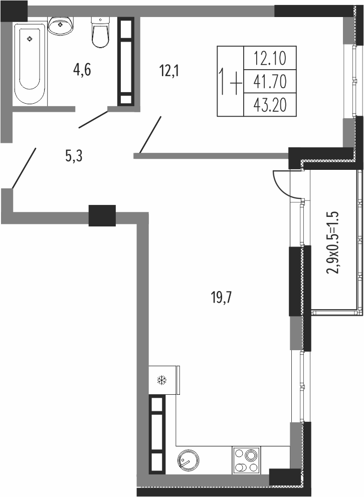 Планировка 1-комнатная 44,15 м²