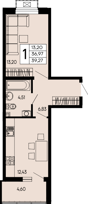 Планировка: 1-комн. квартира 39,3 м²