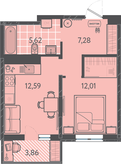 Планировка: 1-комн. квартира 38,1 м²