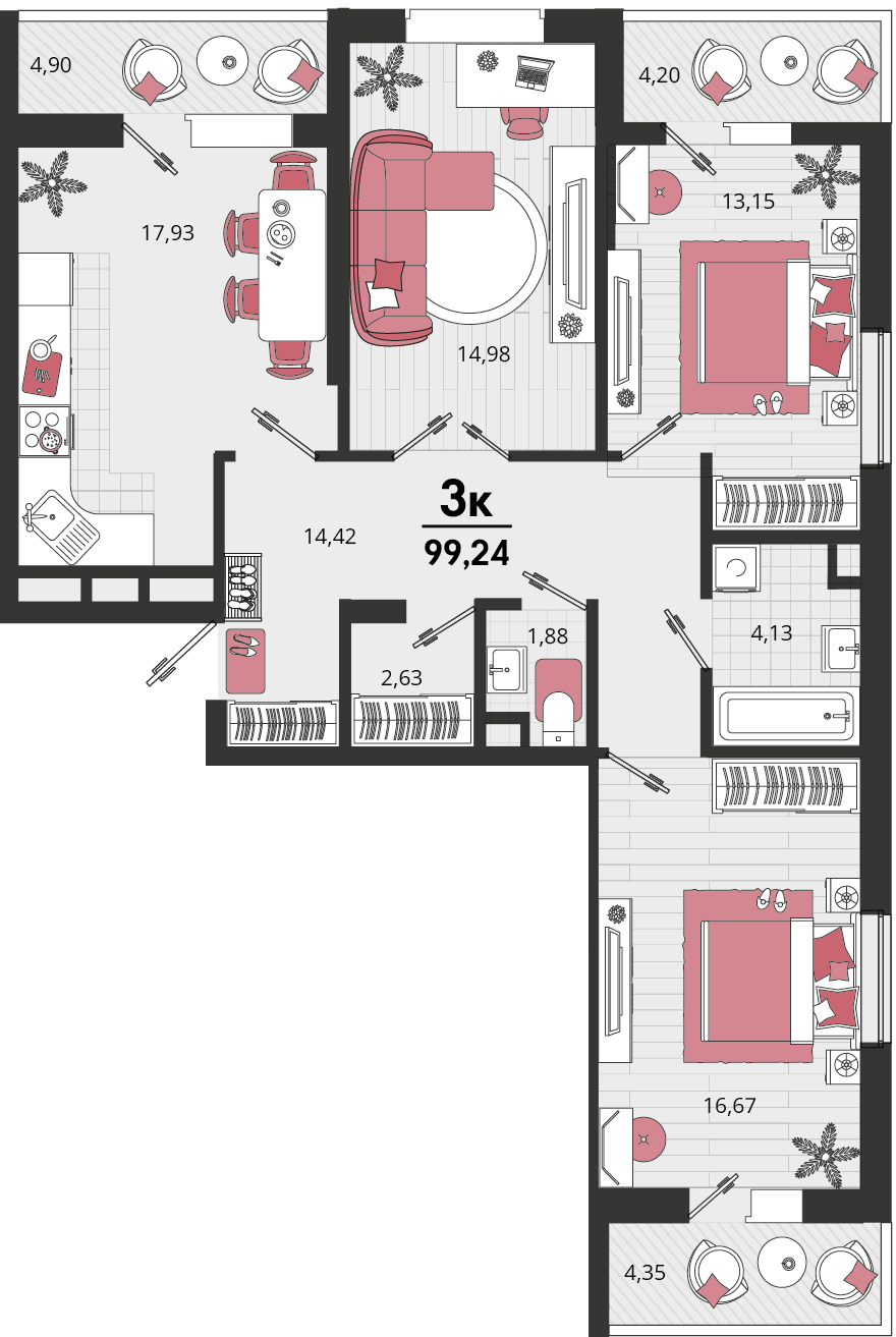 Планировка 3-комнатная 99,24 м²