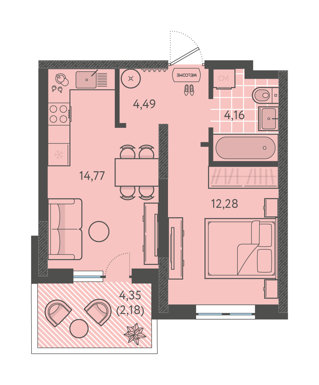 Планировка: 1-комн. квартира 37,9 м²