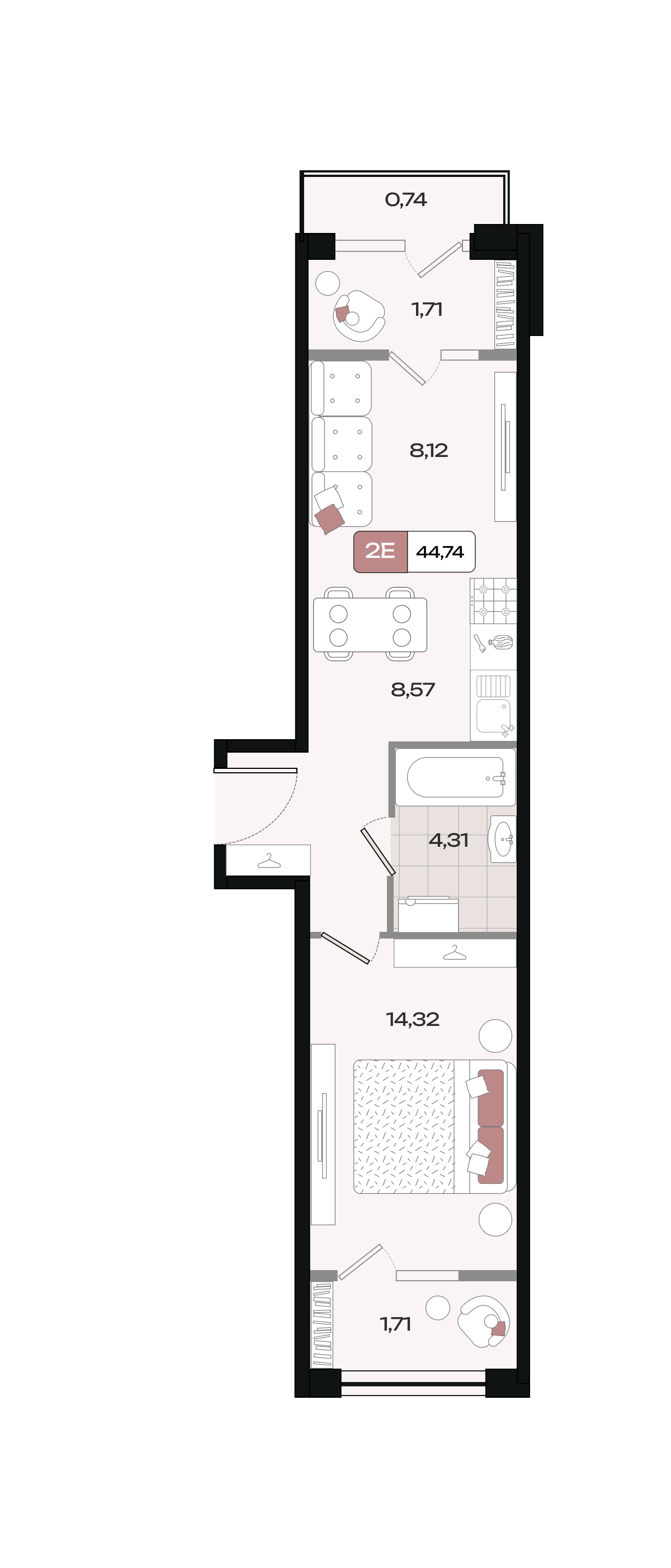 Планировка: 2-комн. квартира 44,7 м²